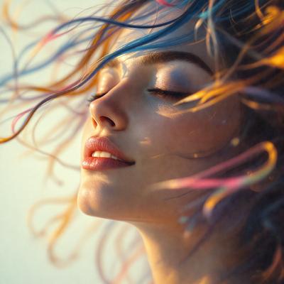 The primary subject of the image is a woman with long, colorful hair. She is smiling and appears to be enjoying the moment. The setting is a bright, sunny day, and the visual style is a combination of a photo and digital art. The colors in the image are vibrant and lively, creating a cheerful and uplifting atmosphere.
